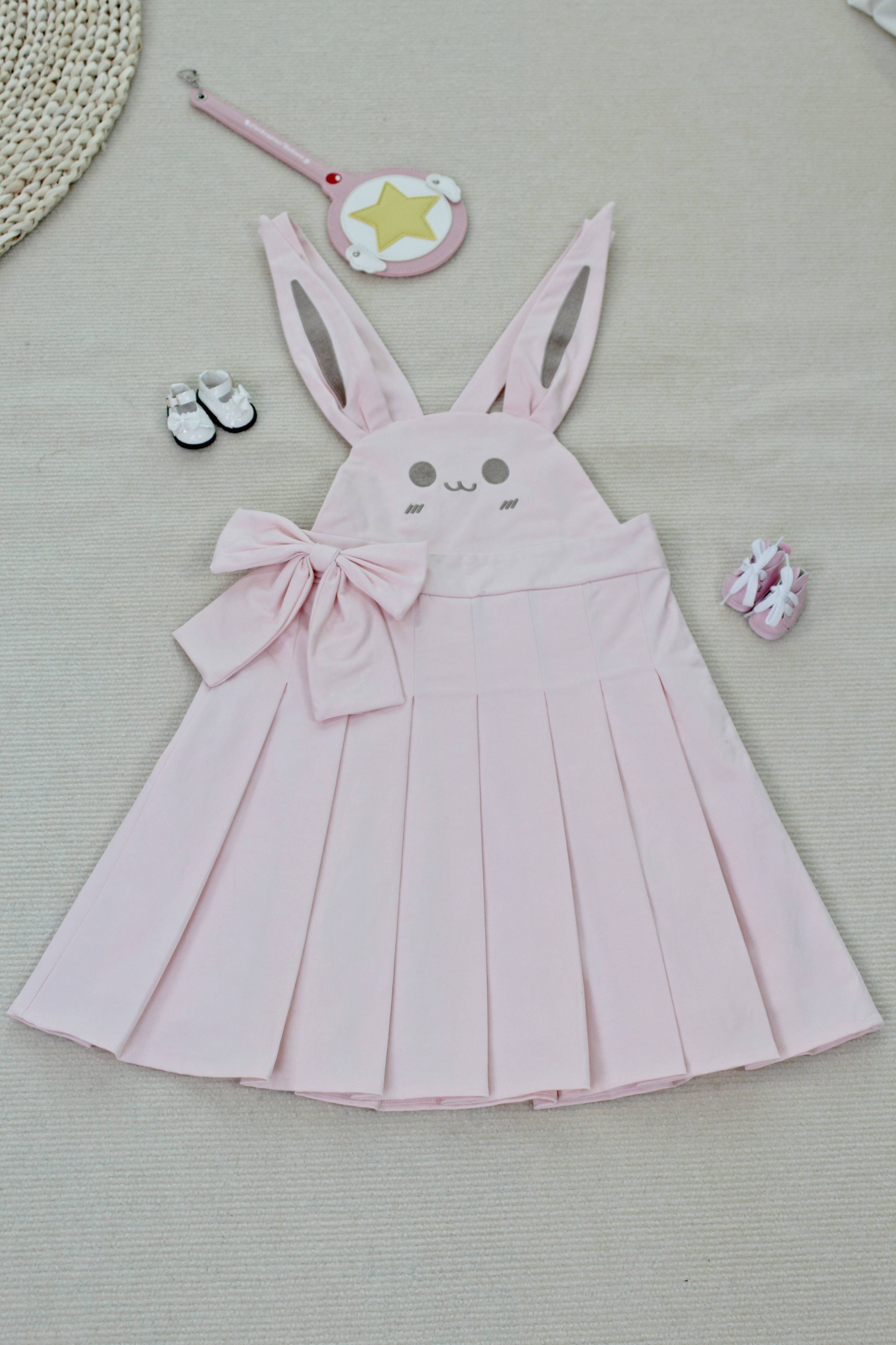 Kawaii Bear Rabbit Suspender Skirt Pleated Jumper Dress with Ears and Bow for Girls or Cosplay